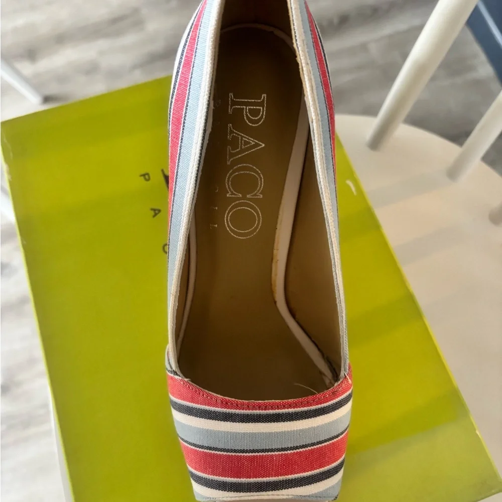 NWT Paco Gil Red and Blue Striped Espadrille Wedges